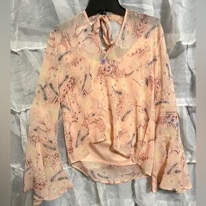 Le Lis Peach Floral Blouse with Tie Neck